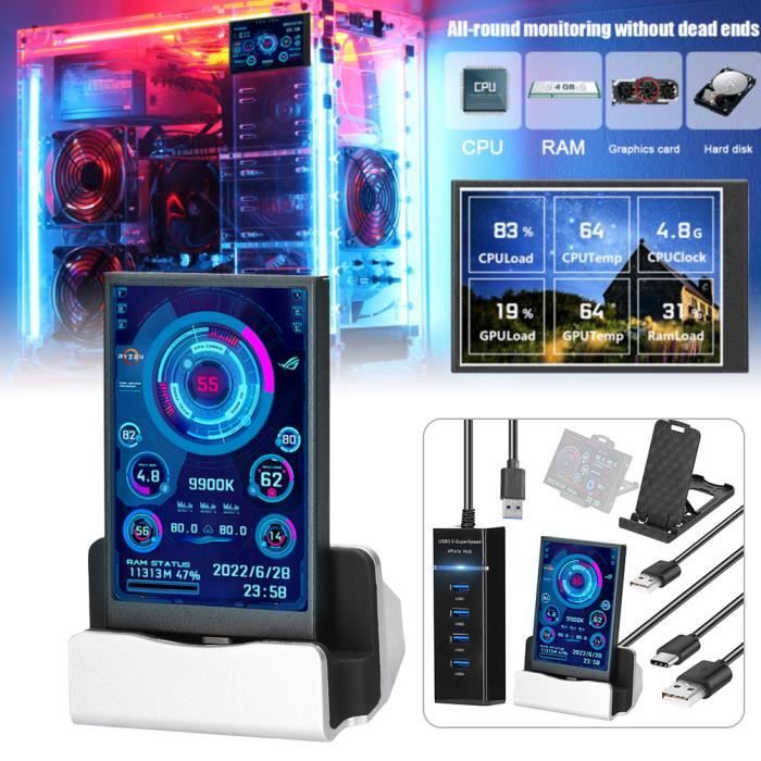 Mini écran IPS USB 3.5in pour Moniteur CPU PC,CPU RAM HDD Affichage de la Température Données Rotation 360 Degrés Type C sous-écran