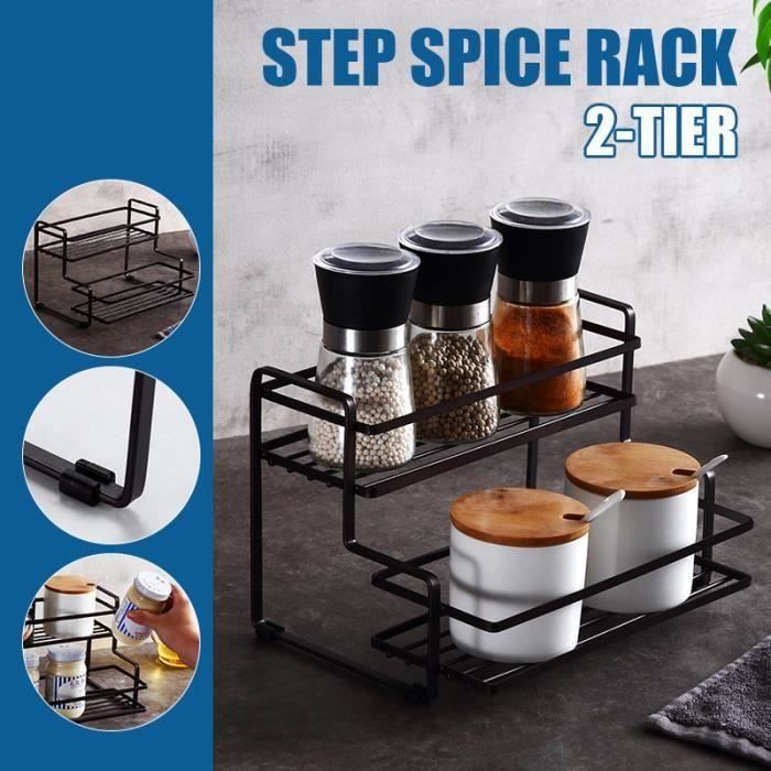 Étagère à Épices Debout 3 Niveaux NETEL - Organisateur Cuisine Avec Porte-Ustensiles, Porte-Couteaux Et Crochets Noir