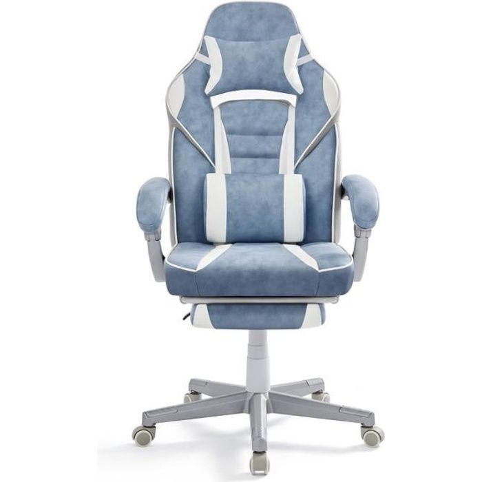 SONGMICS Fauteuil de bureau repose-pieds t&eacute;lescopique bleu Lacet blanc cr&egrave;me
