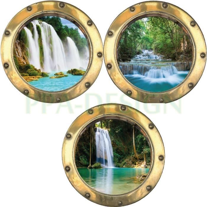 PPA DESIGN Sticker Mural Trompe l'oeil Hublot Nature Cascades Pack de