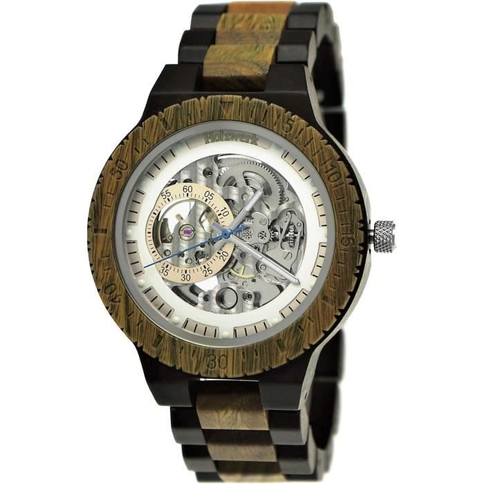 Holzwerk Germany Orologio da uomo, realizzato a mano, con cronografo in legno, analogico, al quarzo, marrone, nero, argento, con fase lunare, Blu