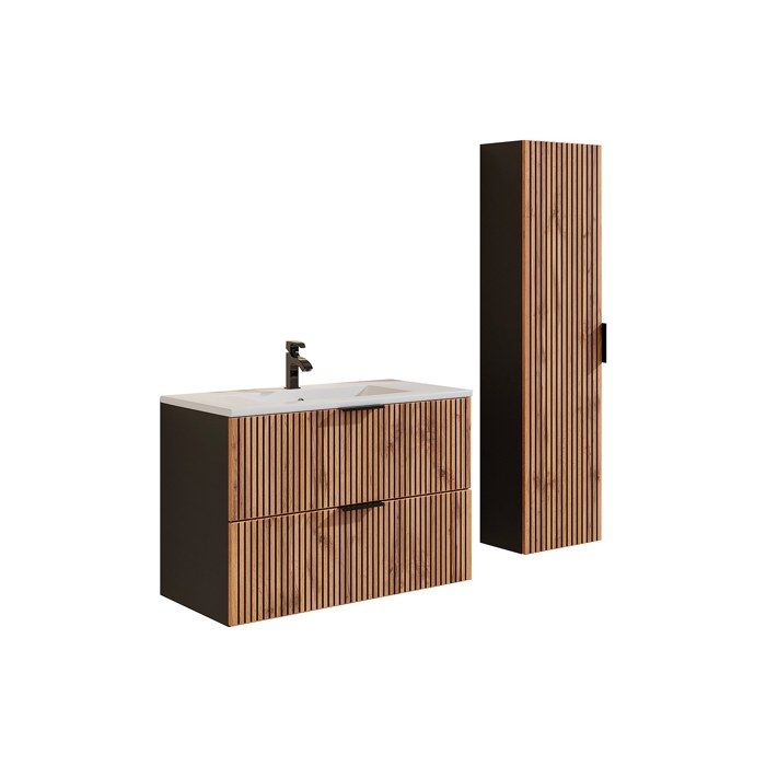 Meuble de salle de bain suspendu strié avec vasque à encastrer et colonne - Naturel clair et noir - 80 cm - MADELA