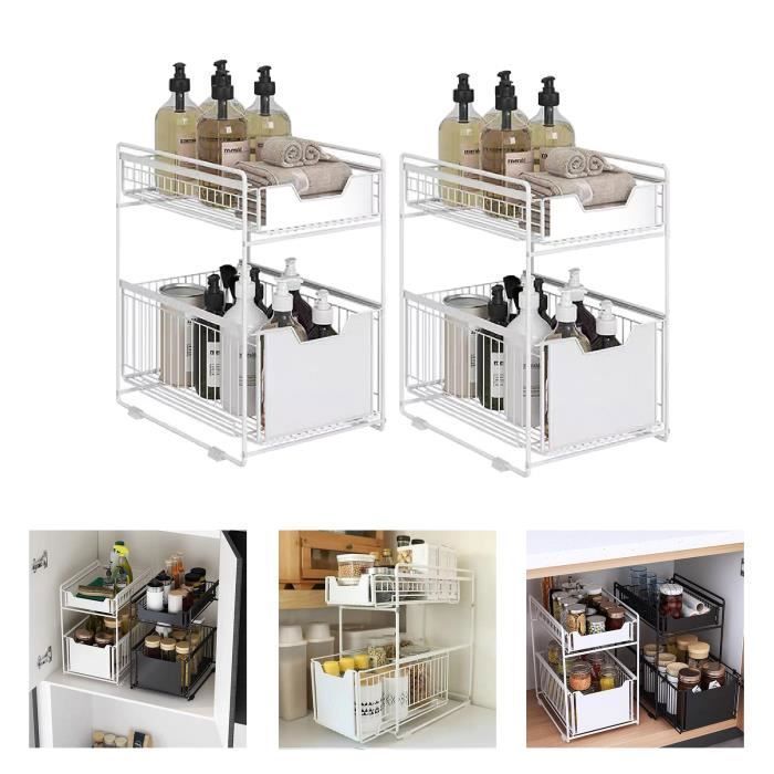 Lot de 2 Meuble Sous Évier Blanc pour rangement de bain Willonin® Étagère à Épices de cuisine 2 tiroir retractable coulissants