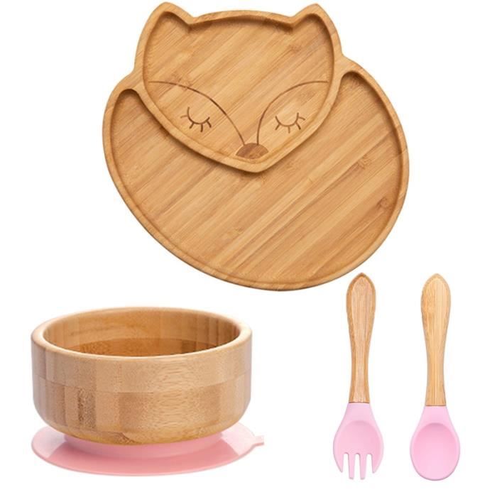UPKOCH Assiette à ventouse divisée pour bébé avec fourchette et cuillère en bambou antidérapant pour tout-petits facile à nettoyer avec motif chien mignon 17 x 16,5 cm