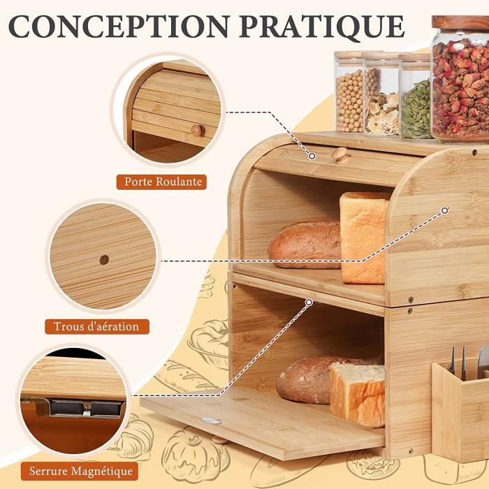 GUUSII HOME Boite A Pain Bois Grande Capacité Boîte à Pain De Mie Vintage Retro Bambou Huche A