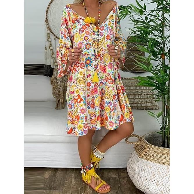 Robe Femme Pois Volants Manches Longues – Col V, Taille Haute, Style A-line Décontracté Pour Automne-hiver - 9
