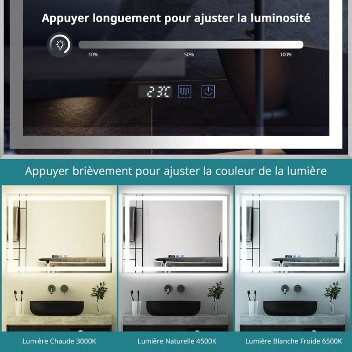 Miroir Led Miroir De Salle De Bain LED 80x60 Cm - Tactile, Anti-buée, 3 Couleurs De Lumière - IP44 - Design Moderne Miroir 80x60cm 3 Couleurs
