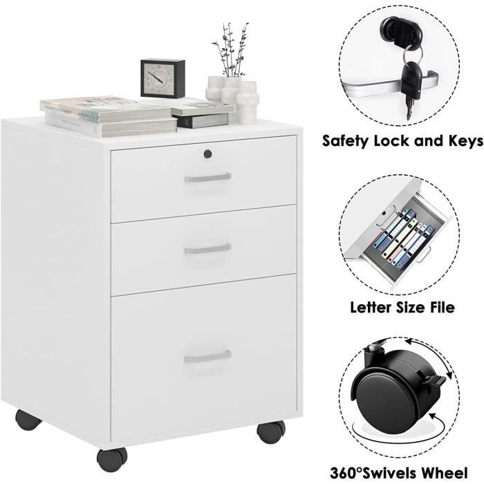 Cassettiera Mobile Con 3 Cassetti SogesHome - Per Ufficio, Con Ruote E Serratura, Bianco, 48x42x65 Cm
