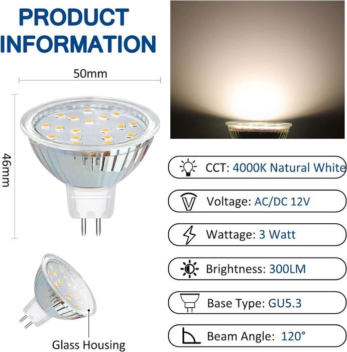 Ampoule LED Dichroïque MR16 - 20 LEDs, 12V, 2W, Blanche - Diamètre 50mm - Neuf