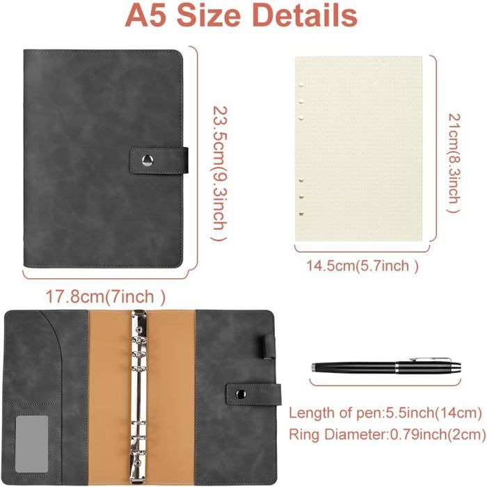 Carnet A5 rechargeable en cuir avec classeur à 6 anneaux, couverture rigide avec stylo et boucle magnétique – Boîte pour le travail, les études, les voyages – Noir