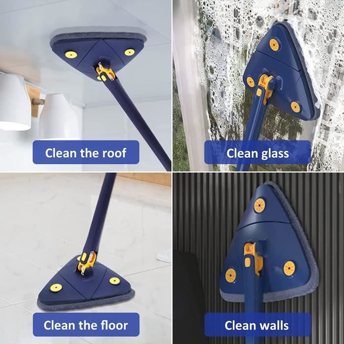 Balai Triangulaire Rotatif 360° Avec Manche Extensible - Tête Microfibre Et Chenille - Pour Sols, Murs, Fenêtres, Plafonds - 2