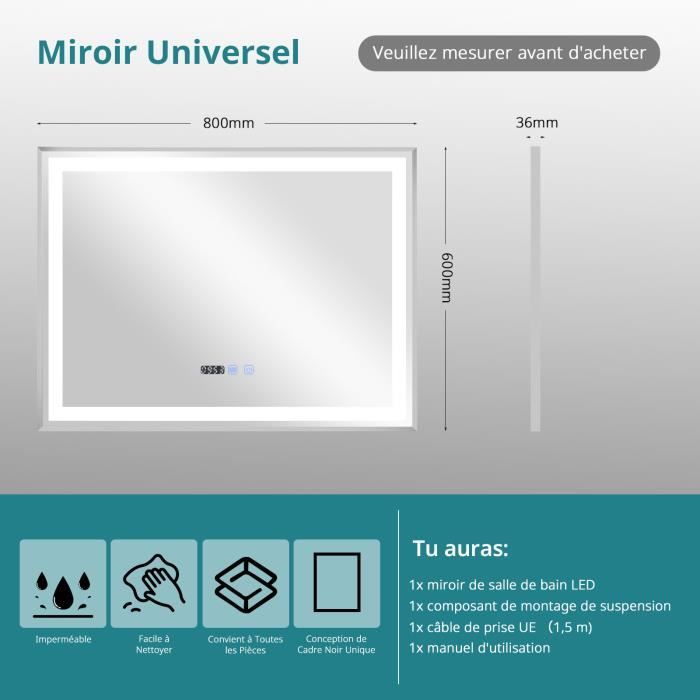 Miroir De Salle De Bain LED Anti-Buée - 70cm - 3 Couleurs Lumière - Verre Trempé - Interrupteur Tactile