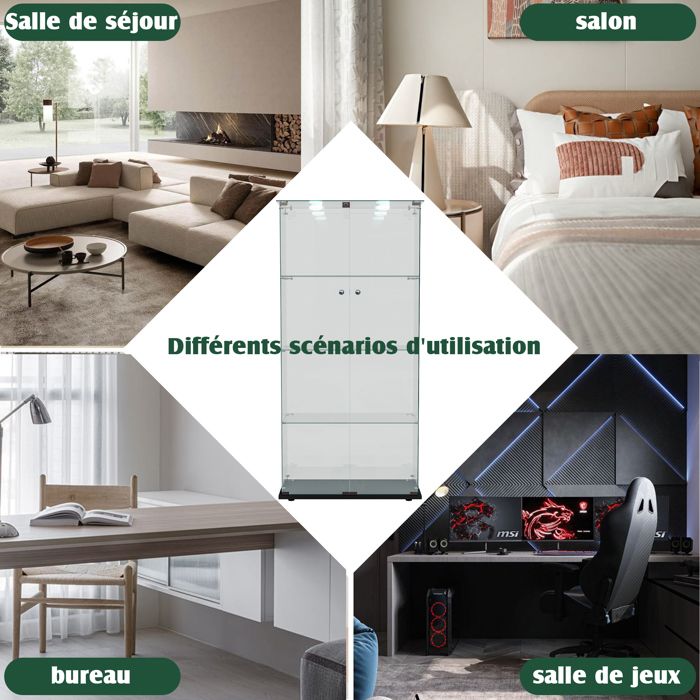 Vitrine En Verre Avec LED 4 étagères - Armoire De Collection Moderne, Verre Trempé, Noir Ou Blanc - 9