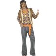 60 Hippie Chanteur Costume, Homme, multi-coloré, avec haut, gilet, pantalon, ceinture et serre-tête - 44680M-0