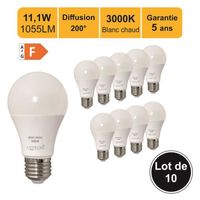 Lot de 10 ampoules LED E27 11W (equiv. 75W) 1055Lm 3000K - garantie 5 ans