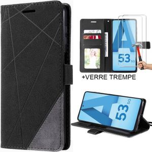 COQUE - BUMPER Coque pour Samsung Galaxy A53 5G + 2 Verres Trempés, Protection Effet Cuir Flip Case - Noir