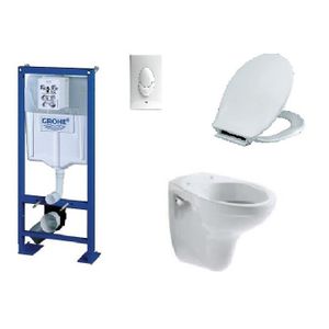 WC - TOILETTES PACK COMPLET WC SUSPENDU BATI GROHE SL AUTOPORTANT + PLAQUE BLANCHE + CUVETTE VILLEROY AND BOCH VOLTA + ABATTANT SIAMP MONACO