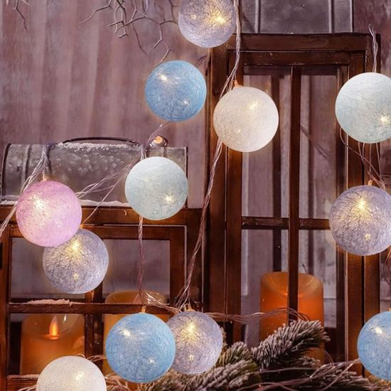 Guirlande décorative à piles 20 LED boules en coton multicolore