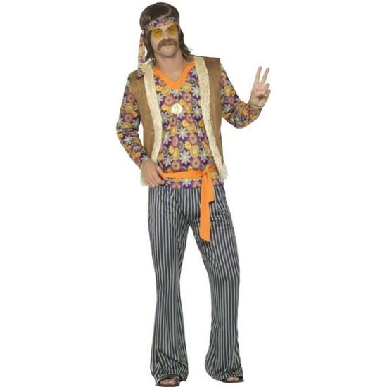 60 Hippie Chanteur Costume, Homme, multi-coloré, avec haut, gilet, pantalon, ceinture et serre-tête - 44680M