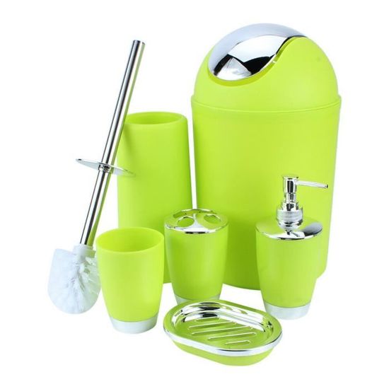 6 pièces ensemble d'accessoires de salle de bain en plastique poubelle porte-savon distributeur tasse porte-brosse à dents vert