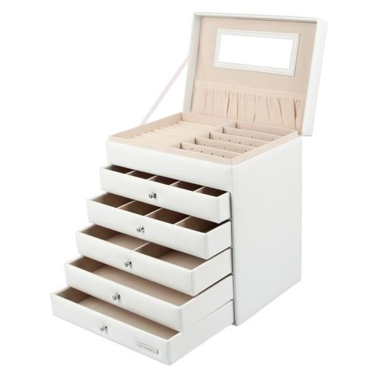 Boîte à Bijoux 2 étages Blanche - Organisation Rangement Colliers, Bagues, Boucles D'oreilles - Cadeau Femme - Cuir Synthétique - 4