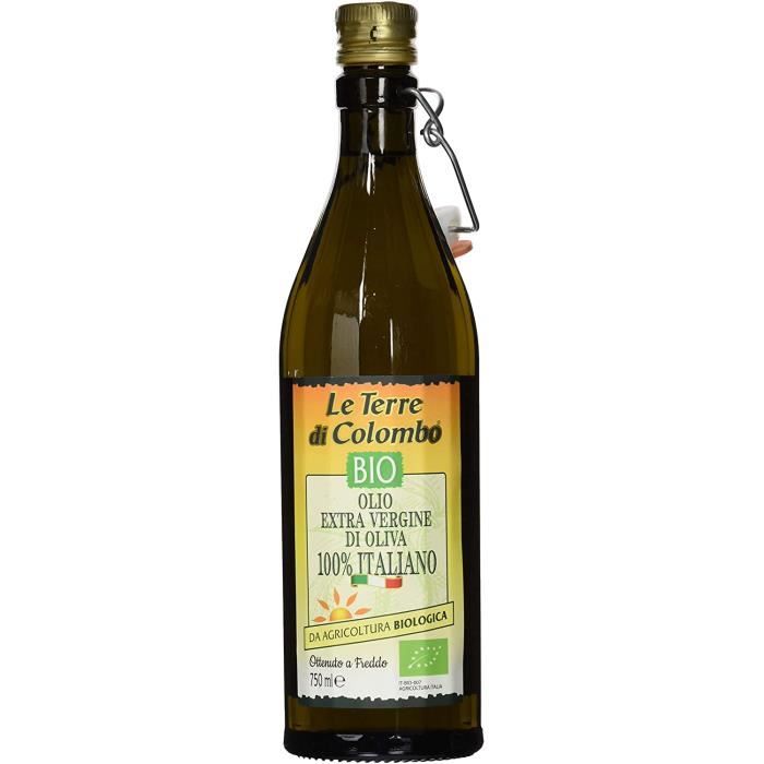Le Terre di Colombo – Bouteille d'huile d'olive extra-vierge bio 100 % italienne avec bouchon mécanique, 0,75 l, Bouteille nervurée