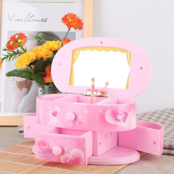 LIA Boîte à musique boîte de rangement à bijoux avec miroir Danse ballerine Rose