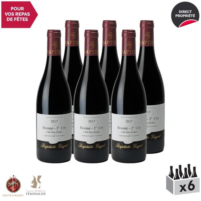 Beaune 1er Cru Clos des Avaux Rouge 2017 - Lot de 6x75cl - Domaine Baptiste Guyot - Vin AOC Rouge de Bourgogne - Tasteviné - Cépage