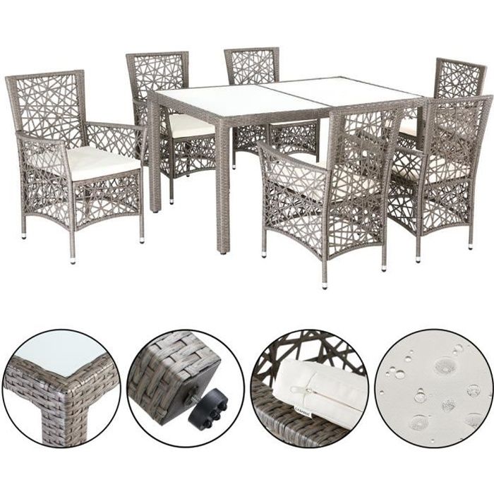 Salon de jardin polyrotin 1 table 6 chaises avec 6 coussins épaisseur 5cm ensemble de jardin meuble table 150x90cm beige-gris