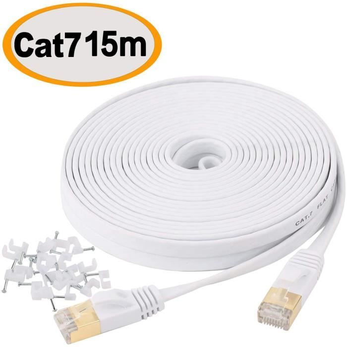 CAT 7 Plat Câble Ethernet Réseau RJ45 Haut Débit 10Gbps 600MHz STP 8P8C pour Routeur Modem TV Box Consoles de Jeux (15M)avec des Cor