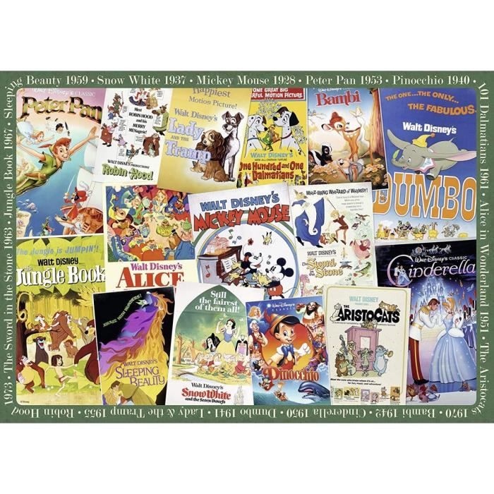 Puzzle Adulte 1000 Pieces Les affiches Vintage Disney : 101 Dalmatiens Dumbo - Peter Pan - Pinocchio - Livre De La Jungle -