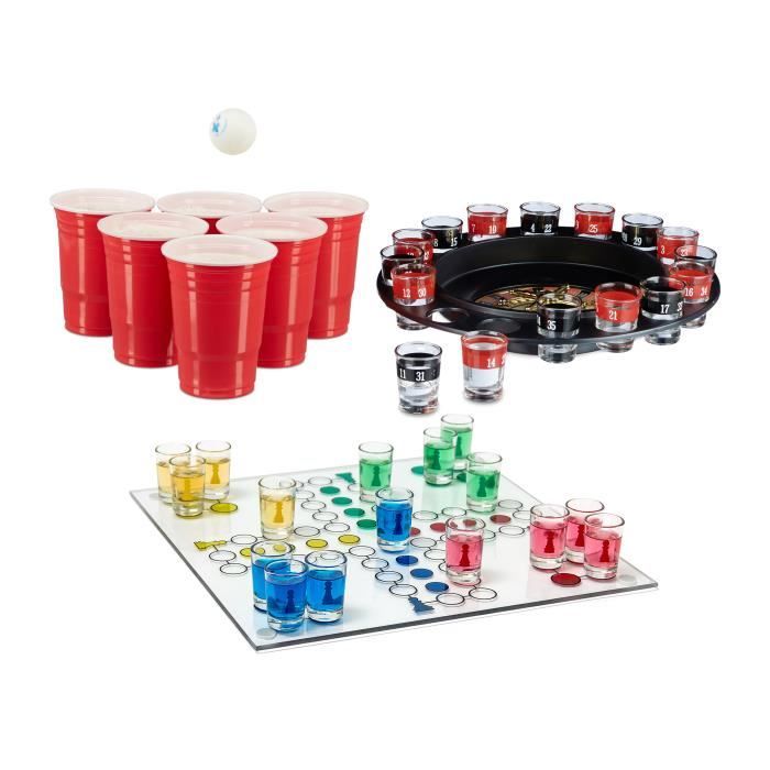 3 teiliges Trinkspiel Set XXL für Erwachsene, Drinking Ludo, Trink-Roulette, Beer Pong Becher rot, Partyspiel, Saufspiel, ab 18 -