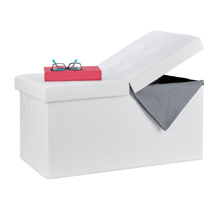 Relaxdays Banquette, avec espace de rangement, pliable, Apparence en cuir, couvercle rabattable, Banc-coffre, blanc - 4052025916893