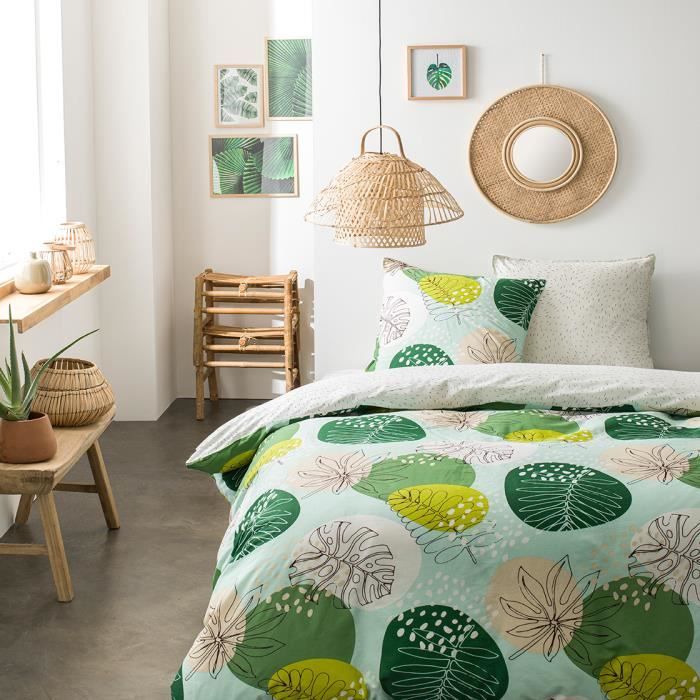 Parure de lit 2 personnes 220X240 Coton imprime vert Floral SUNSHINE 3.43