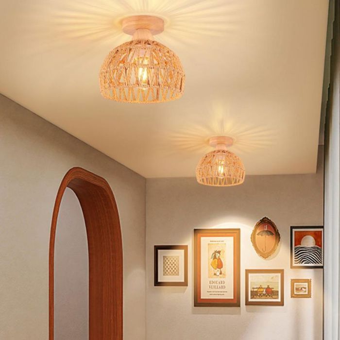 WOTTES Plafonnier Vintage Industrielle E27 Lampe de Plafond Bois Rétro Ø20cm Abat-jour Cage en Corde de Chanvre curry 2PCS