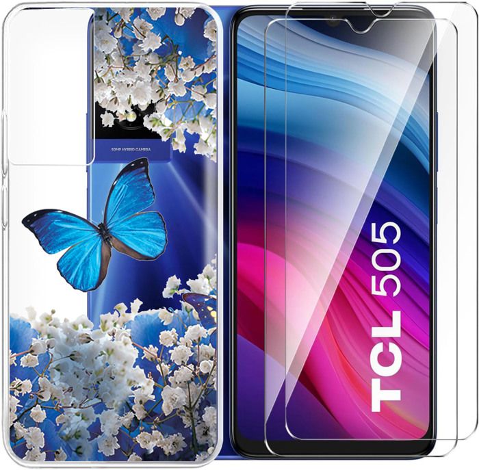 HuiYouMY Cover per TCL 505 (6.75) con 2 Pezzi Pellicola Protettiva in Vetro Temperato, Black Custodia Silicone Morbida TPU Ultra-Sottile AntiGraffio Antiurto Case -Nero