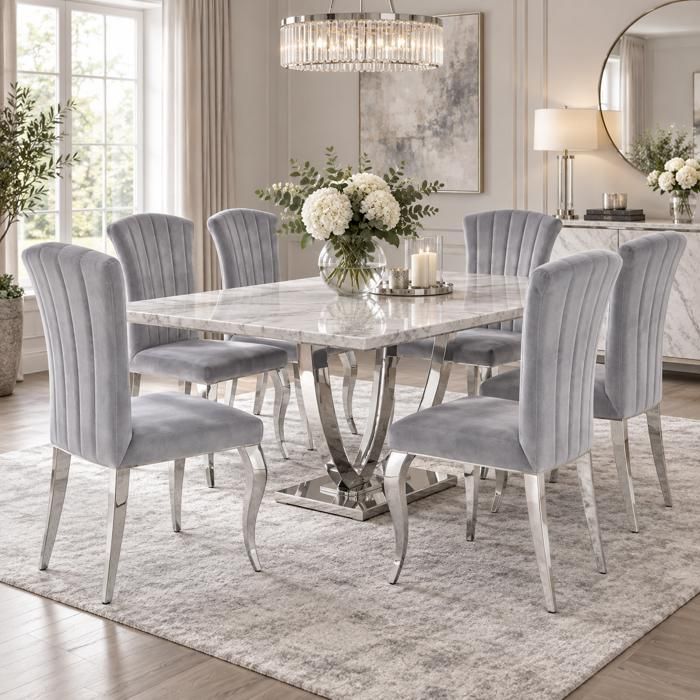 Lot de 6 Chaises Salle à Manger Baroque – Velours Gris & Pieds Chromés