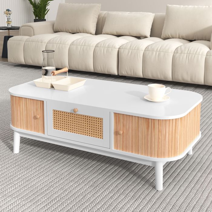 Table Basse en Rotin - Table dappoint Salon - Bois Massif - Style Naturel - Portes Coulissantes - Meubles dentrée - 110x55x385cm