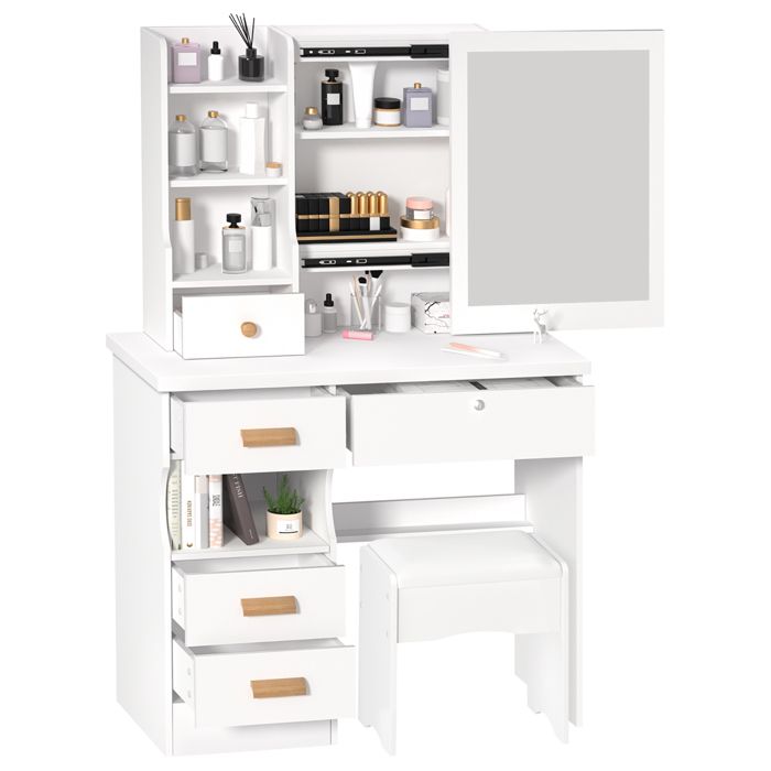 Wilitto Coiffeuse Blanc - Table de Maquillage Moderne avec Miroir - 5 Tiroirs - 80*40*135cm ( L x l x H ) - Miroir
