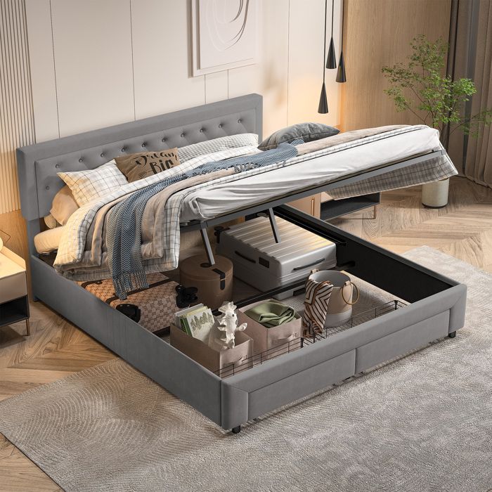 Lit coffre adulte 160x200 cm en velours lit double coffre de rangement 2 tiroirs sommier à lattes tête de lit décorative bouton
