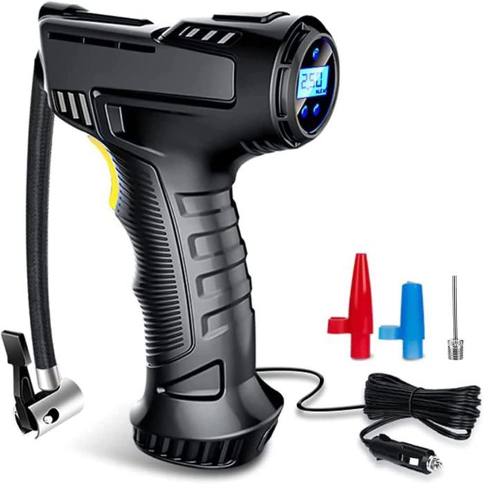 Compresseur dair Portatif Gonfleur Pneus Voiture 12v DC Fil Allume Cigare 3 Adaptateurs de Buses avec Ecran LCD et Lampe LED