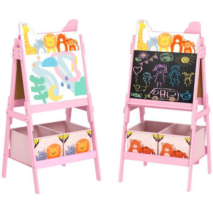 Tableau enfant - AIYAPLAY - 2 en 1 double face tableau blanc et noir - avec 2 boîtes de rangement - pour enfants de 3 à 8 ans - rose