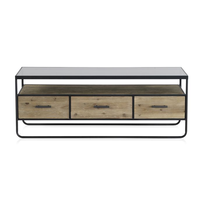 Meuble TV en sapin et fer avec plateau en verre fumé. – REF.10551 Meuble TV en sapin et fer avec plateau en verre fumé. – REF.10551