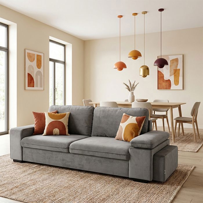 ALYA Canapé droit reversible convertible GRIS (velours simple) - Taille S - 3 places - 254 x 91 x 83