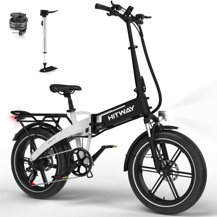 HITWAY Vélo Électrique Pliable 20×4.0 Pneus Larges - Batterie 48V 13Ah - Ebike Adulte Ville 250W - VTT 7 vitesses - Noir&Blanc