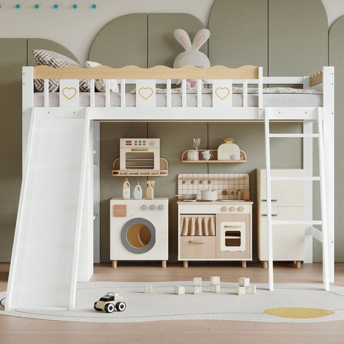 Lit Superposé avec Toboggan pour Enfants Armoire et Rangement Sous le Lit Barrière à Quatre Côtés 90 x 200 cm Blanc + Naturel