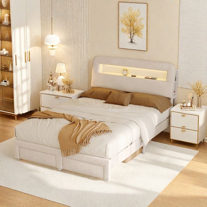 Lit rembourré 160x200cm Lit double avec 2 tiroirs et LED Tête de lit avec espace de rangement Sommier à lattes Velours Beige