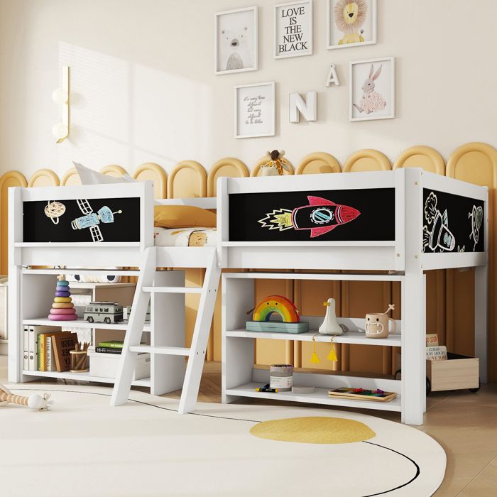 Lit mi-hauteur enfant - MERAX - 90x200 cm - Bois massif - Échelle incluse - Tableau à dessin Lit mi-hauteur enfant - MERAX - 90x200 cm - Bois massif - Échelle incluse - Tableau à dessin