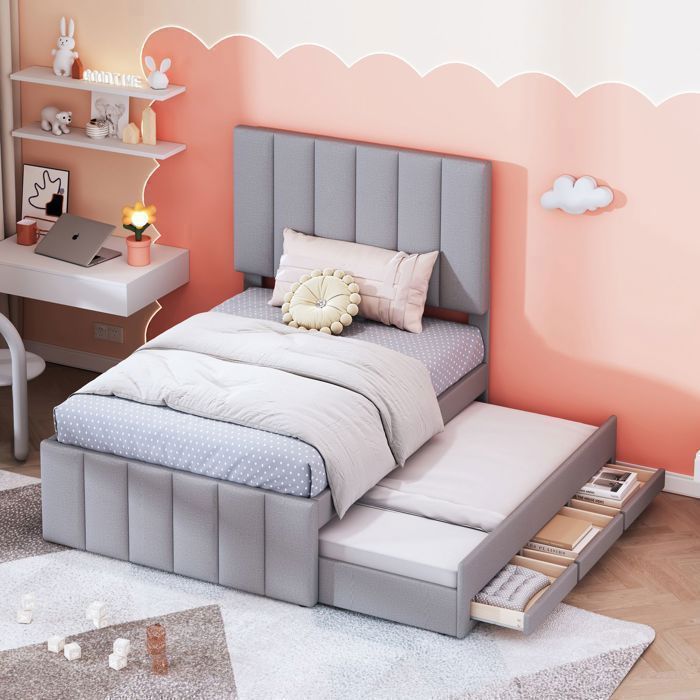 Lit gigogne 90x190 cm Tissu lin doux - Lit double - 3 tiroirs de rangement Tête de lit réglable en hauteur Design élégant Gris