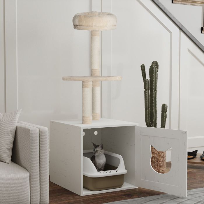 Arbre à chat avec maison de toilettes tour de jeu 2-en-1 de 129 cm avec cache-litière poteaux à griffer crème